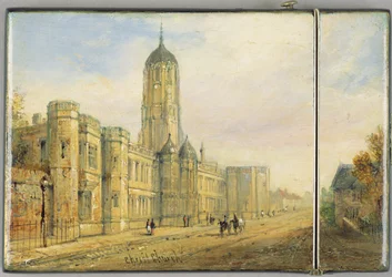 Wiktoriański kartonik ze sceną Christ Church, Oxfordu i Tom Tower (papier mache)